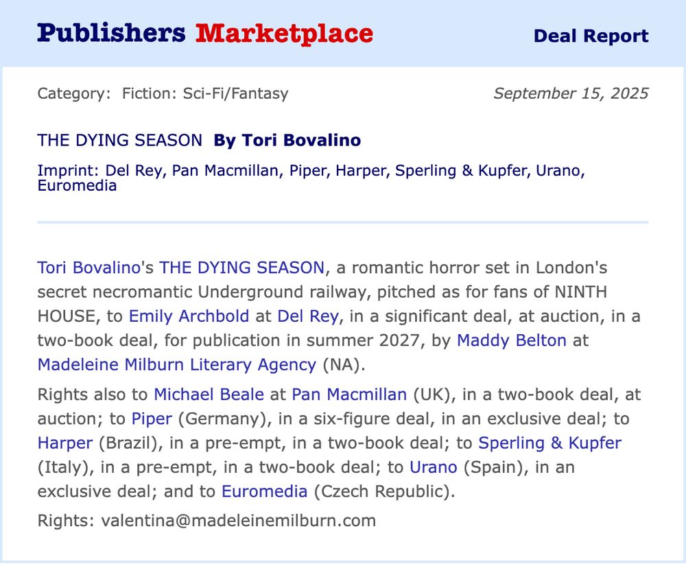 Publishers Marketplace deal announcement for The Dying Season by Tori Bovalino