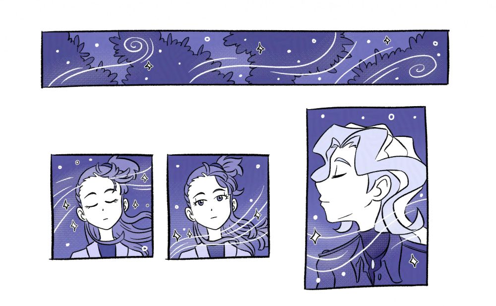 Little Witch Academia fancomic. Alt Text by @witchpunkleha.bsky.social

[Panel 1] A gust of wind passes by the woods.

[Panel 2] Akko closes her eyes, feels the breeze in her hair. She’s serene.

[Panel 3] She opens her eyes, small sparkles of magic transported by the wind in front of her.

[Panel 4] Diana is doing the same peaceful meditation as she was doing.
