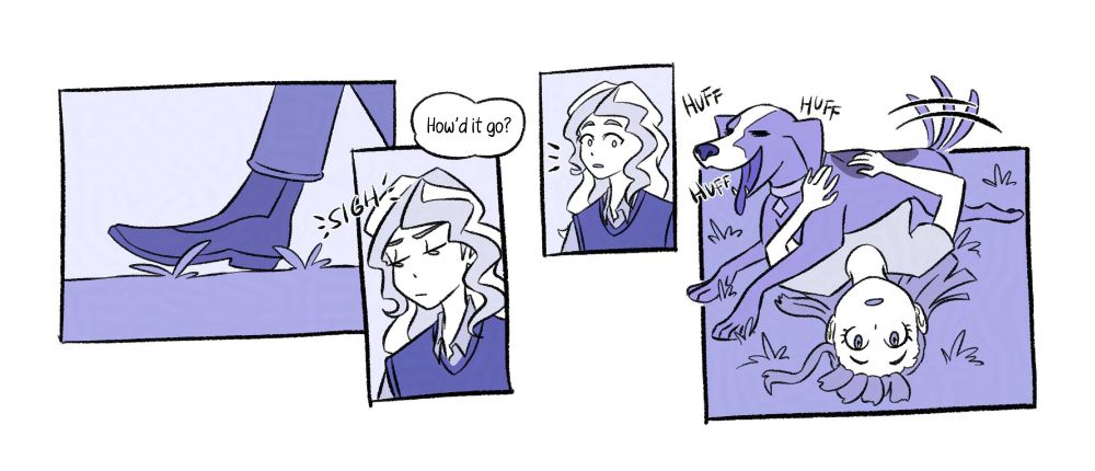 Little Witch Academia fancomic. 

[Panel 1] Diana’s boot shows she’s walking over grass.

[Panel 2] Diana is pouting and sighs. “How’d it go?” she hears.

[Panel 3] The voice startles her, not expecting where it comes from.

[Panel 4] Akko is laying on the grass with Brosia on top of her. She looks up at Diana waiting for the answer.