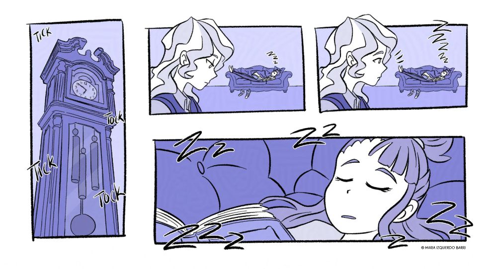 [Panel 11] The clock is ticking, it’s now almost 7PM.

[Panel 12] Diana is deeply focused in her reading. Akko fell asleep in the background.

[Panel 13] Her snoring disturbs Diana who now notices she’s sleeping.

[Panel 14] A close up shot of Akko’s serene asleep face on the couch, her book still open in her hands.
