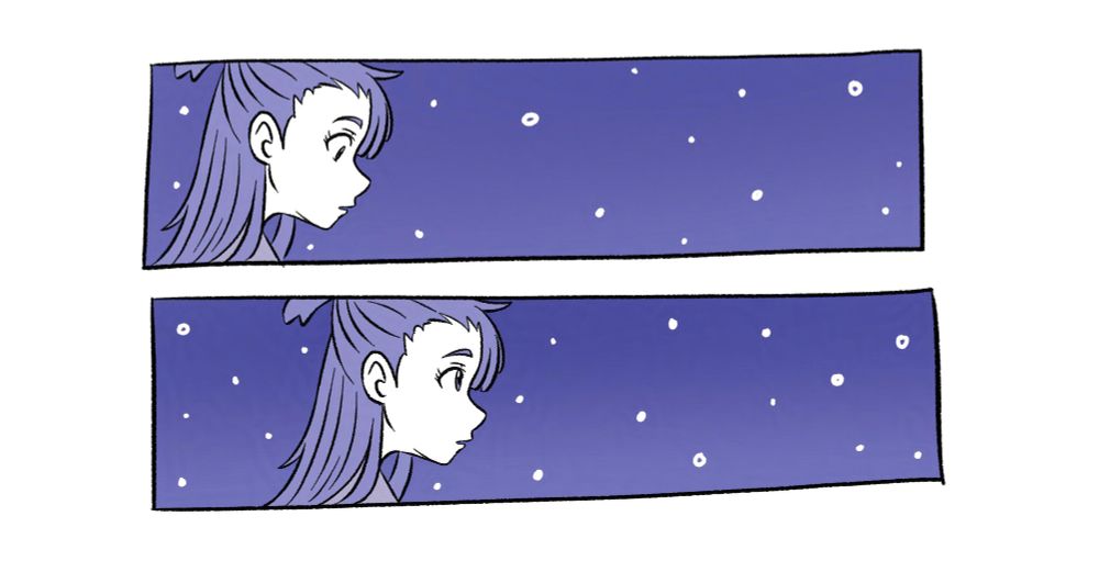 [Panel 1] Akko, alone in the frame. Her mind wanders off, the world seems to fade away, as she intently stares at their joining hands. Her eyes reflect a certain subconscious surprise to this turn of events.

[Panel 2] An instinctual reaction, not guided by any train of thoughts, leads her to closing in. Her gaze up again, should meet Diana’s, but is still oblivious to her surroundings.
