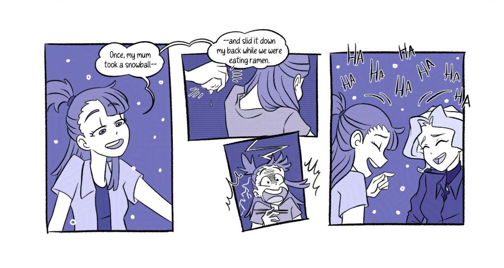 Little Witch Academia fancomic. Alt Text by @witchpunkleha.bsky.social

[Panel 1] Akko recalls a fun memory of her own to share with a nostalgic smile. “Once, my mum took a snowball–”

[Panel 2] “–and slid it down my back while we were eating ramen.” A mental image of Akko’s back, as her mom’s hand mischievously approaches holding a snowball.

[Panel 3] Younger Akko screams because of the sudden coldness in her shirt! Still holding on her chopsticks despite the shock.

[Panel 4] Diana and Akko burst out laughing at this silly anecdote.
