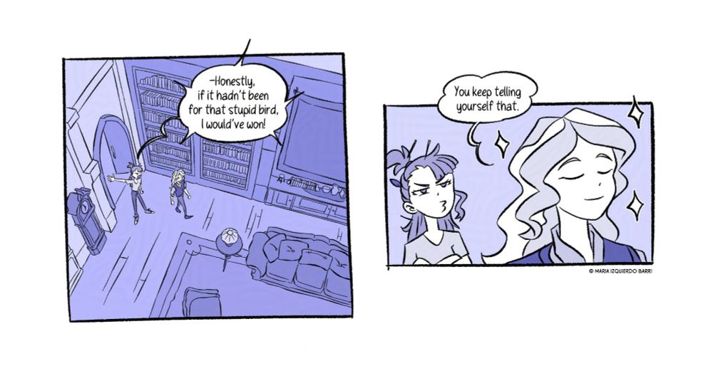 [Panel 10] A while later, they’re both entering a new room in the mansion, filled with books. “–Honestly, if it hadn’t been for that stupid bird, I would’ve won!” Akko whines, pointing out the door.

[Panel 11] “You keep telling yourself that.” Diana is feeling proud of her victory while Akko’s hair is covered in twigs and feathers. Akko pouts and Diana sparkles all around.