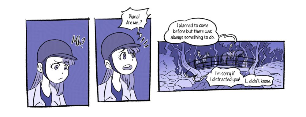 [Panel 4] Akko is deeply in thoughts after this revelation, “Mh?” she mumbles, as she slowly pieces it together.

[Panel 5] She suddenly looks in Diana’s direction, a bit panicky as she thinks she may have overstepped by coming after understanding the purpose of their trip. “Diana! Are we… ?” The rest doesn’t come out.

[Panel 6] “I planned to come before but there was always something to do.” she replies without needing the rest, as they walk over a bridge. “I’m sorry if I distracted you! I… didn’t know.” Akko apologizes.
