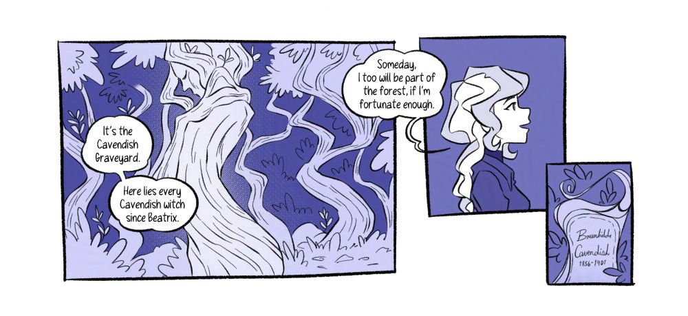 Little Witch Academia fancomic. Alt Text by @witchpunkleha.bsky.social

[Panel 1] We now observe the old trees of the forest, now more special and preserved by the old magic at play. Diana reveals their location to Akko. “It’s the Cavendish graveyard. Here lies every Cavendish witch since Beatrix.”

[Panel 2] Diana keeps looking into the distance, with her melancholic eyes. “Someday, I too will be part of the forest, if I’m fortunate enough.”

[Panel 3] A close up shot of an ancestor's tomb, covered in foliage. 
