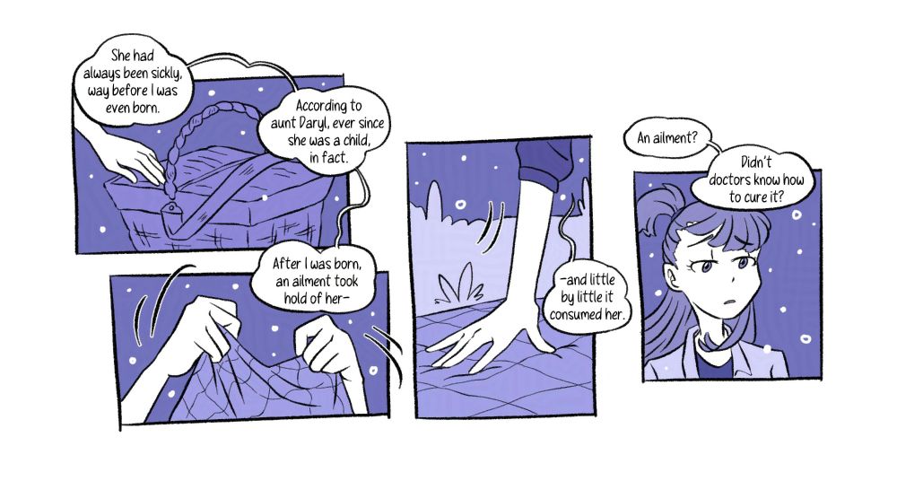 [Panel 6] Diana’s hand reaches for the picnic. “She had always been sickly, way before I was even born. According to aunt Daryl, ever since she was a child, in fact.”

[Panel 7] She unfolds the picnic blanket, not stopping her motions to tell the story of her mother. “After I was born, an ailment took hold of her–r” 

[Panel 8] She softly prepares the blanket down on the grass. “–and little by little it consumed her.”

[Panel 9] Akko is still in shock, she feels sorry for her. “An ailment? Didn’t doctors know how to cure it?”
