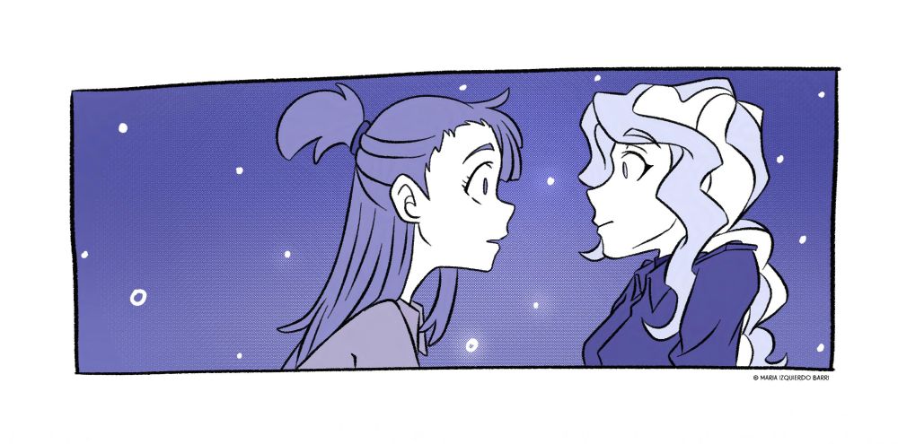 [Panel 6] Akko regains awareness, staggered as well. They’re close but Diana has moved back a little in surprise. What’s going on ? They both know what’s happening, but is it real ? They’re frozen in shock. Did the other realize too, did they read too much into it ? Can they play dumb after that ? Why would they even back down from *that*, since nothing happened ? So many questions go through their minds at such formidable speed, sharing the tension in the air between them in complete stillness and silence.