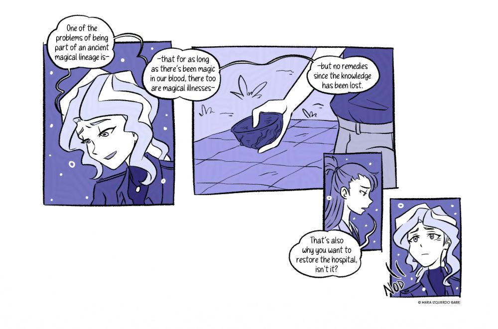 [Panel 10-11] She smiles faintly with a saddened, painful expression and replies. “One of the problems of being part of an ancient magic lineage is that for as long as there’s been magic in our blood, there too are magic illnesses but no remedies, since the knowledge has been lost.” She explains, while putting down the cutlery on the blanket.

[Panel 12] Akko realizes after hearing her story and somberly asks. “That’s also why you want to restore the hospital, isn’t it?”

[Panel 13] Emotions run high on Diana’s face, she simply nods as an answer.
