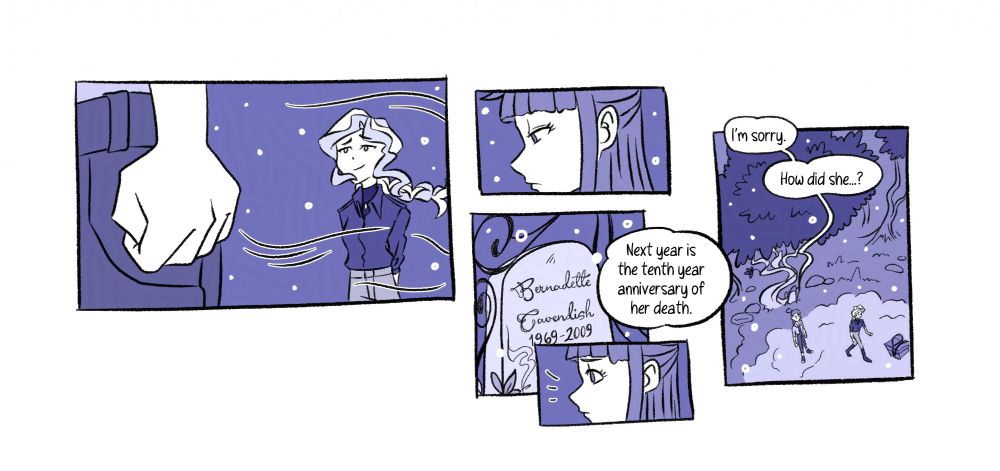 Little Witch Academia fancomic. Alt Text by @witchpunkleha.bsky.social

[Panel 1] Akko’s fist closes. Diana shows a slight, sad smile in her back, the gentle breeze caressing her hair.

[Panel 2] Akko’s still absorbed by the grave in front of her. 

[Panel 3-4] Her gaze eventually falls down to Bernadette’s plate, which reads ‘Bernadette Cavendish, 1969-2009’. “Next year is the tenth anniversary of her death.” Diana tells her from behind, snapping her out of it.

[Panel 5] A shot from over them, in the small clear around the tree. She turns towards Diana, who is heading towards the basket she brought with her. “I’m sorry. How did she… ?” She doesn’t finish her sentence.
