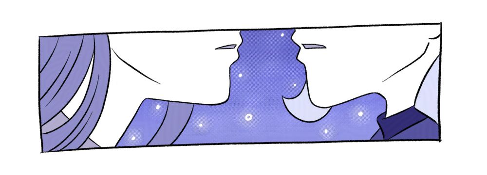 [Panel 5] Sudden realization. Her eyes widen, her whole body flinches, snapping out of it.