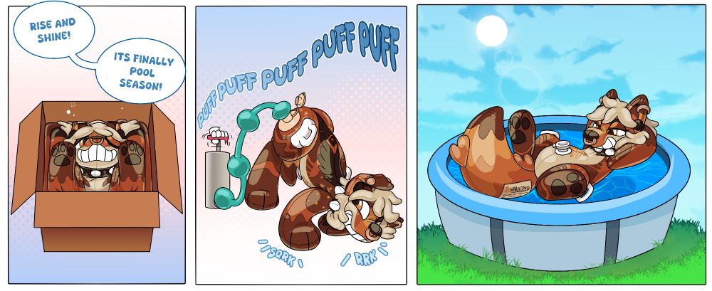 three panel sequence of keitfox pooltoy, folded up and deflated in a box being told "rise and shine! it's finally pool season!" before being pumped full of air through its hip nozzle, and chilling on its back in an above-ground pool