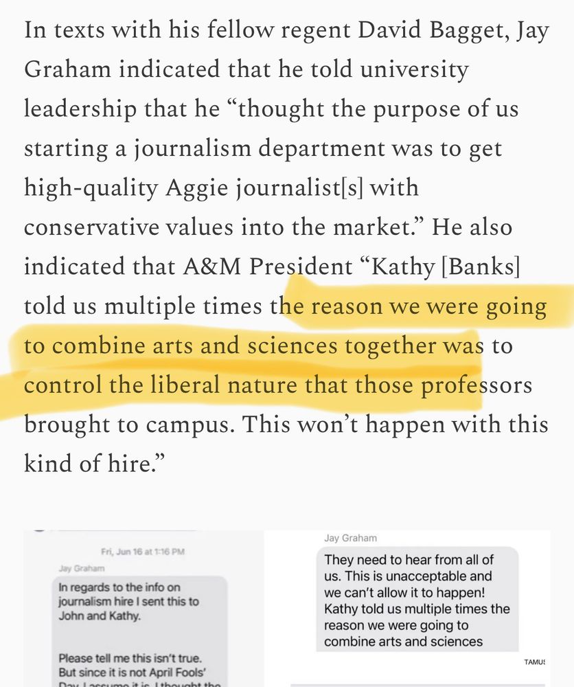 Screenshot of news story showing Texas a&m board of regents text that read "... the reason we were going to combine arts and sciences together was to control the liberal nature that those professors brought to campus."