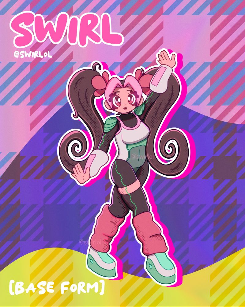 First half of a character sheet of my character/mascot swirl. Swirl is a girl wearing a sci-fi space suit which consists of a grey one piece covered in armor plating on top of leggings and a skin tight top. She's also wearing pink leg warmers and green shoes. Lastly she is wearing a flower shaped bands that are holding her pig tails and arm braces which both have screens. She has pink eyes, bright pink exaggerated bangs, and a pigtails which the end of swirls. There is also a wire that runs down her arms and legs. 