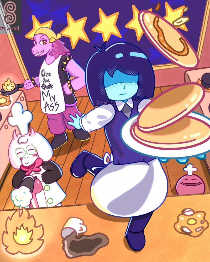 Deltarune fanart. The scene is my interpretation of the cooking minigame from chapter 3. Kris is standing on a table catching pancakes. Ralsei is putting out a fire with a fire extinguisher. Susie is by the stove hold a pan that is on fire. Nubert is also here wearing a chef's hat.