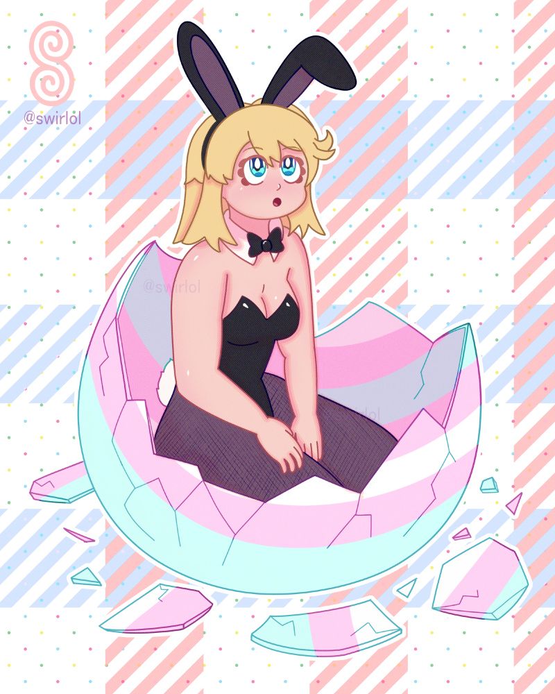 A digital fanart drawing of Bridget from Guilty Gear Strive sitting in a cracked egg. She is wearing a classic bunny suit. The egg uses the colors of the trans pride flag. She stares at a piece of eggshell on her head.