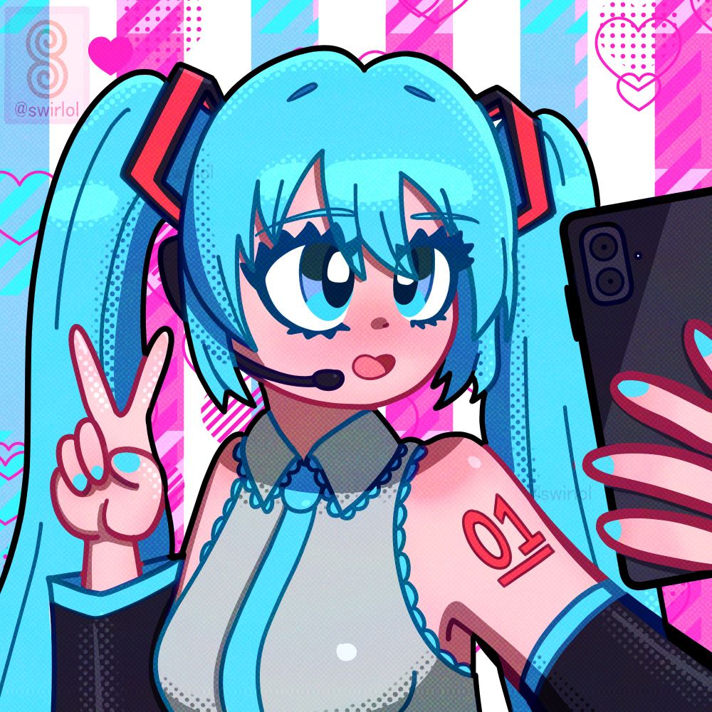 Drawing of Hatsune Miku taking a selfie! She is smiling and doing a peace sign.