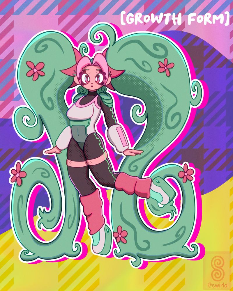 Second half of the character sheet of Swirl. This image is Swirl in a different pose and her pigtails have now grown to be larger than her, are green, and have flowers. Her pigtails appear to holding up slightly in the air.
