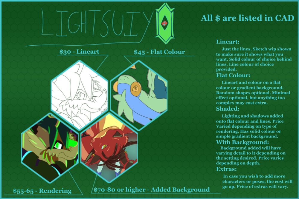A price sheet for commissions from online artist Lightsuiyo, all prices listed in Canadian Dollars.

Text for each catagory is:
Lineart: Just the lines. Sketch wip shared with commissioner to make sure the contents is what is desired. Commissioner may choose colour of lineS! 30 Dollars Canadian.

Flat colours: Everything from lineart Layer with added flat colours. 45 Dollars Canadian.

Rendering: Everything from Lineart and Flat Colours. Adds shadows and lighting effects. Price can vary depending on complexity. Price ranges between 55 dollars and 65 dollars canadian.

Backgrounds: varies in complexity and detail based off of what the commissioner desires. Price ranges from 70 dollars and 80 dollars canadian.

Additional poses or characters will cost extea depending on what the commissioner desires.