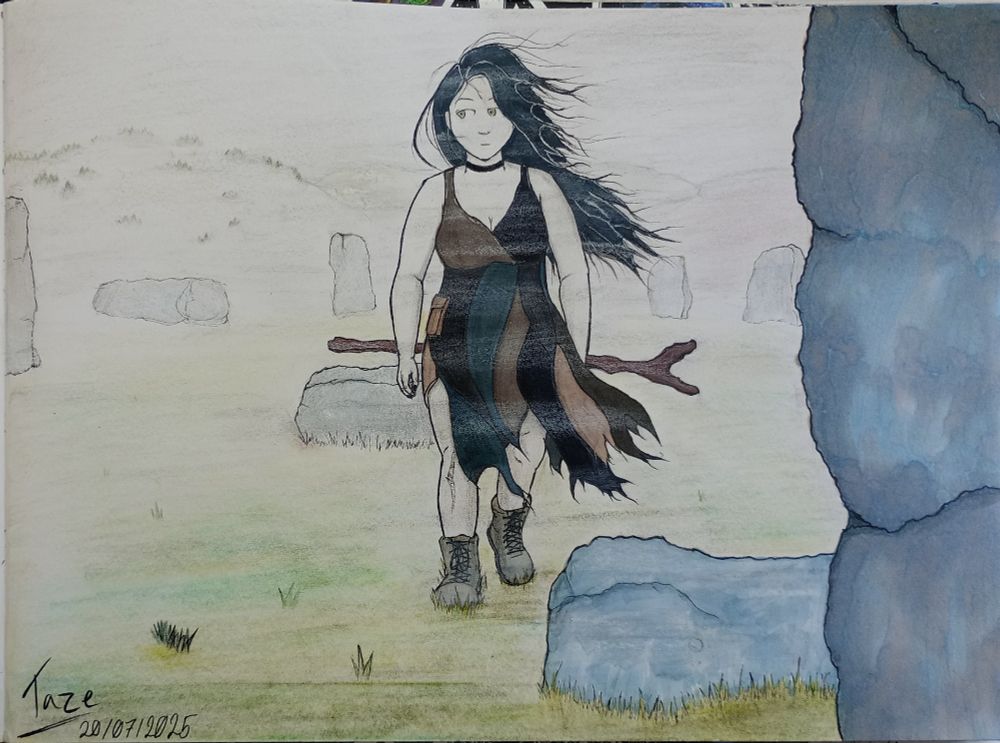A mixed media picture centred on a chubby femme-presenting person. The scenery consists of standing stones in the foreground and background and a rough stone altar behind the figure. Behind the standing stones, the hills and moorland disappear into the fog, one of the hills has a forest on it. The figure in the centre is walking towards the viewer, though their eye is caught by something to the left of the page. Their expression is flat. They wear grey walking boots, laddered tights and a dress made of pieces of dark and grey fabrics, the uneven hem and their long, dark hair is blowing in the wind. They hold a long staff with a split in the top horizontal behind their back. They are slightly obscured by the fog.