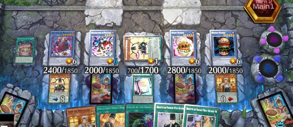 Screenshot of a board in Yu-Gi-Oh! Master Duel, with various Nouvelles monsters on field (Baelgrill, Balameuniere, Poissoniere, Angry Burger, Hungry Burger), along with both chefs in the Pendulum zone, a Recipe Book face up, the Nouvelle Restaurant in the field zone, and a face down Imperm, and Chef's Special Recipe #Yugioh #Masterduel #Nouvelles