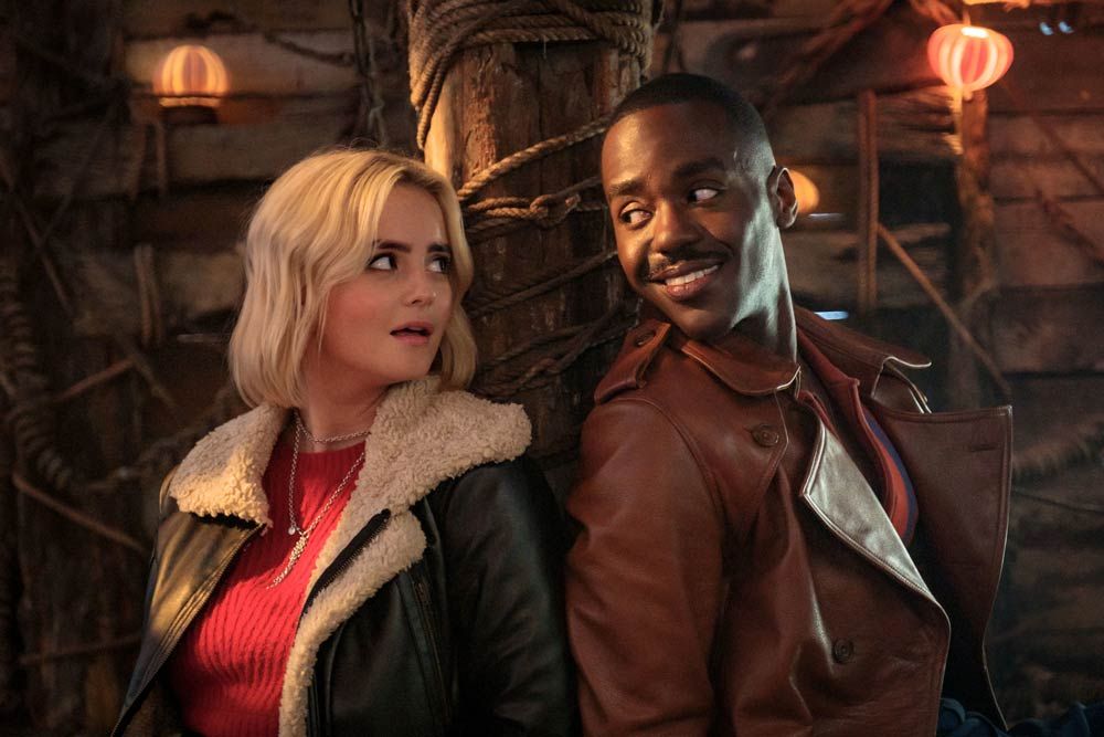 Millie Gibson as Ruby Sunday, and Ncuti Gatwa as the 15th Doctor, aboard the goblins' sky-ship from the Xmas episode "The Church on Ruby Road"