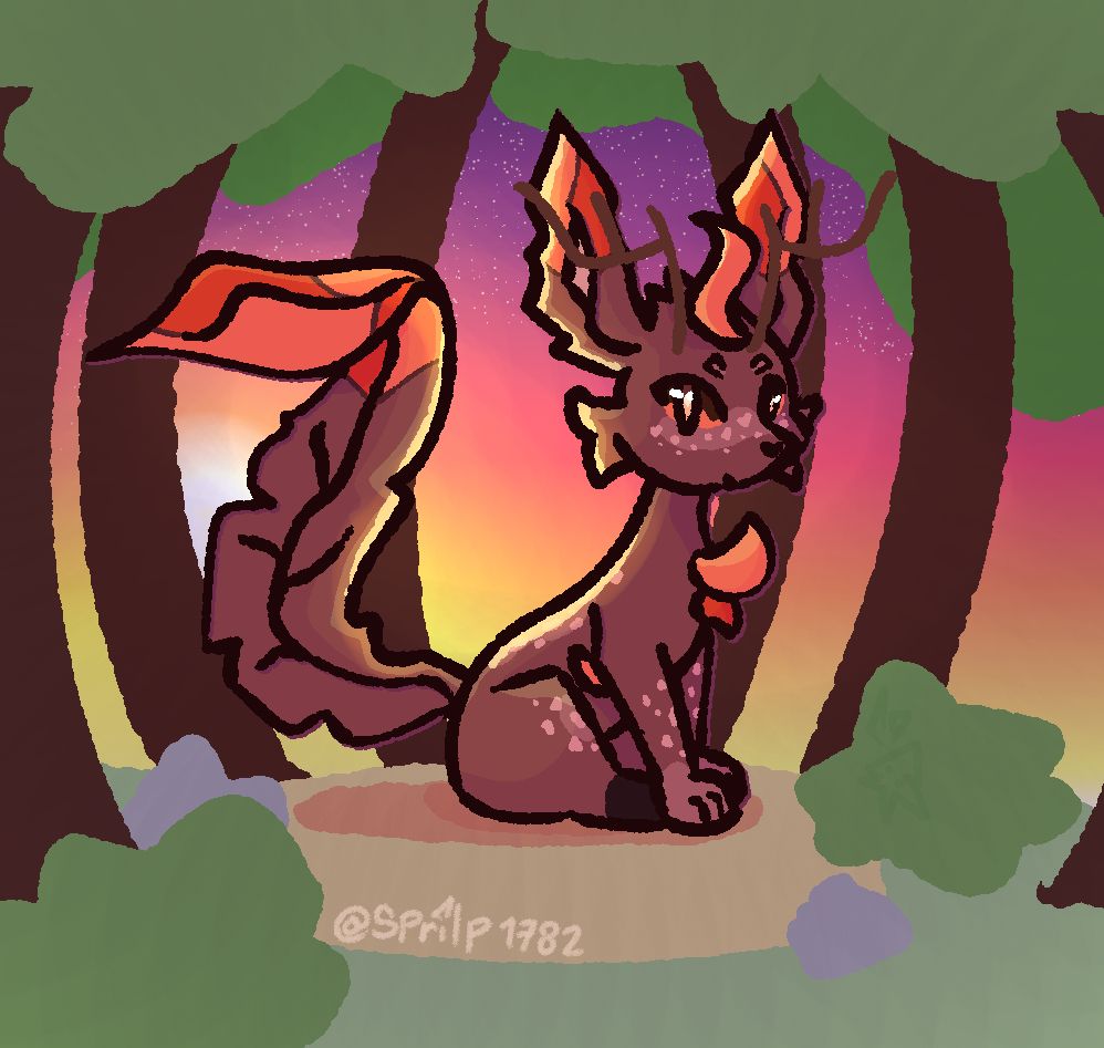 Drawing of a leafeon in a sunrise.