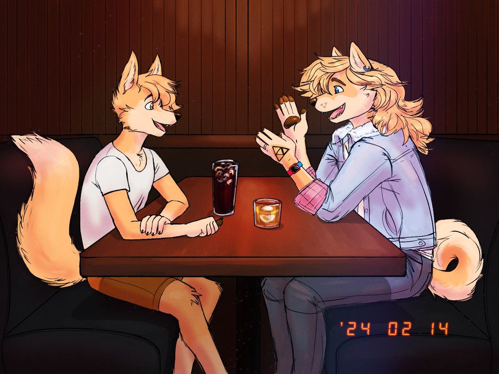 Two furries sit at a booth together, talking and sharing drinks. The furry on the left is a fox character as he was originally designed, and the furry on the right is the same character 10 years later, now a shiba inu. The older version is telling his younger self about how life has changed for the better.
