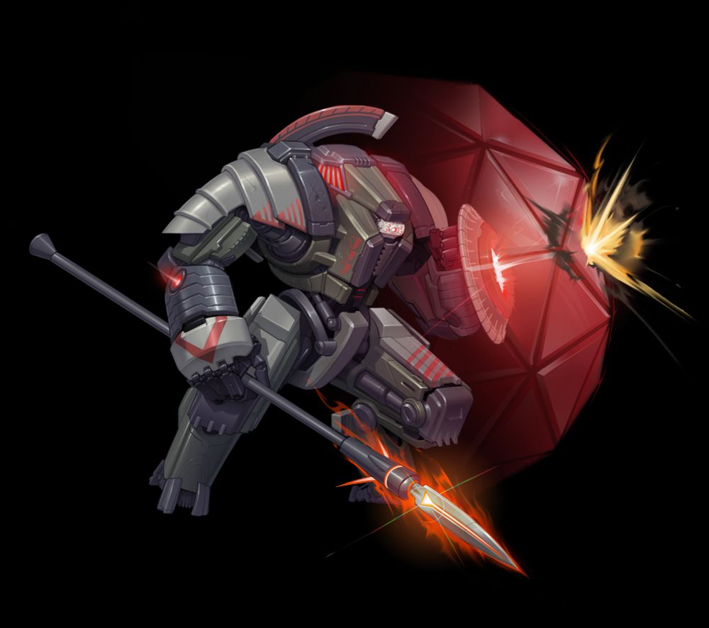 A giant mech with an energy shield and a thermal spear. Its is inspired by roman armors but in a tasteful way. From the LancerRPG system.