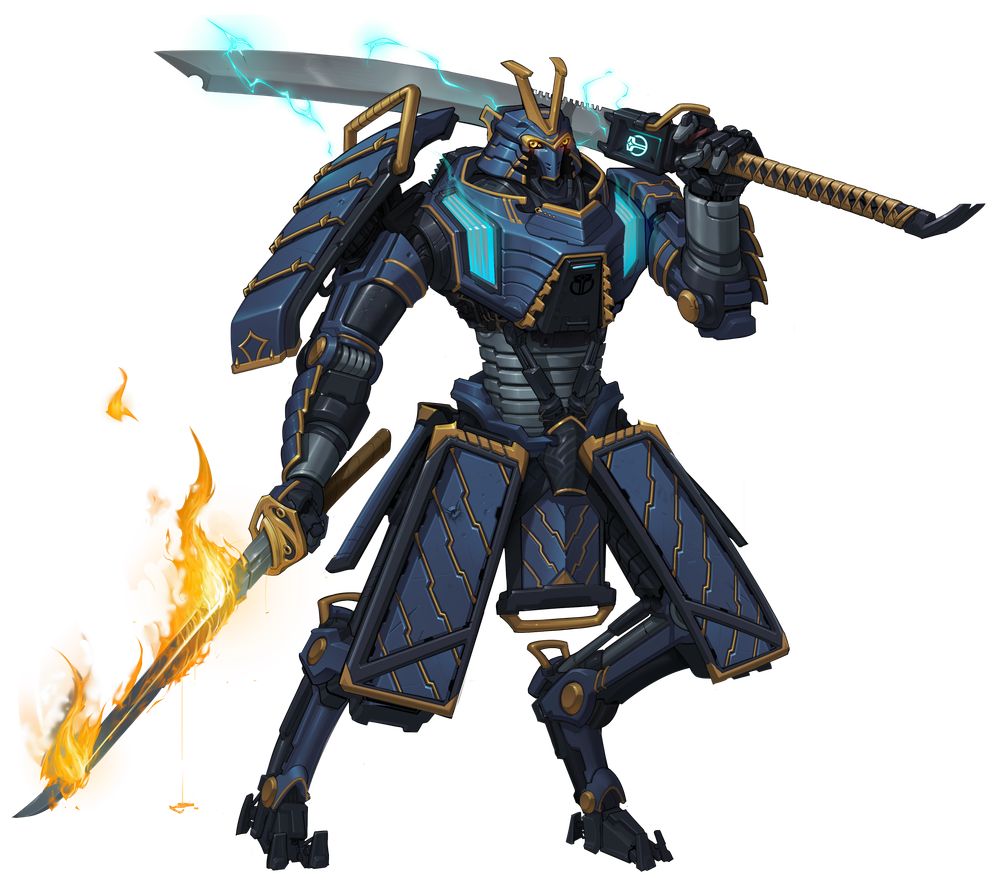 Full body Mech illustration, cobalt blue chassis and gold highlights, action pose with katanna aiming right commission of a lancer mech RPG character.