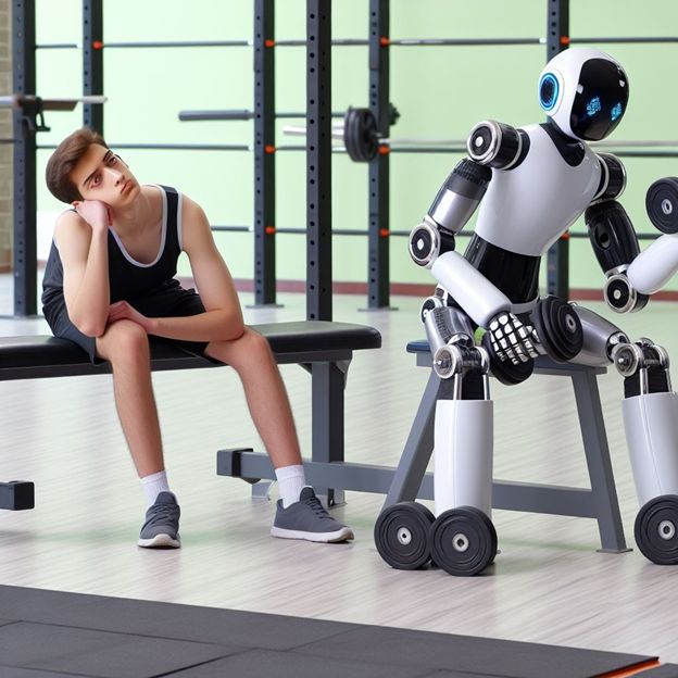 Bored young man watching a robot lift weights in a gym