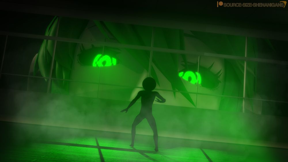 A gigantic Robit peers into the windows of a building, casting a green glow from her LED eyes into the room, and silhouetting an anonymous figure. 