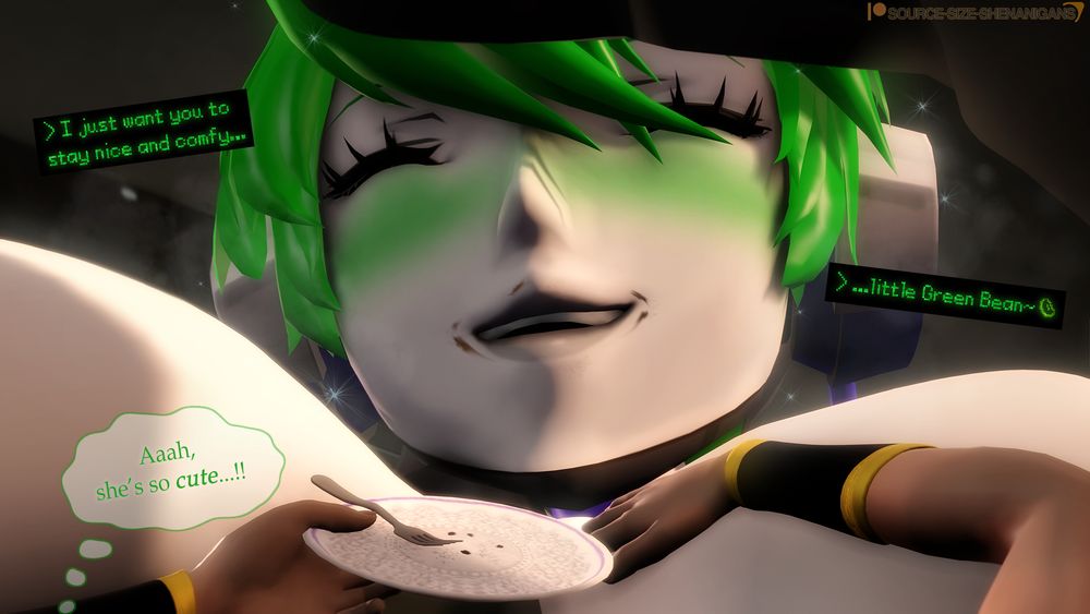 Dari's POV as Robit continues gently musing over her. She's rested against her android friend's giant (to her) breasts, and can't help but admire her android friend's adorable smiling face.