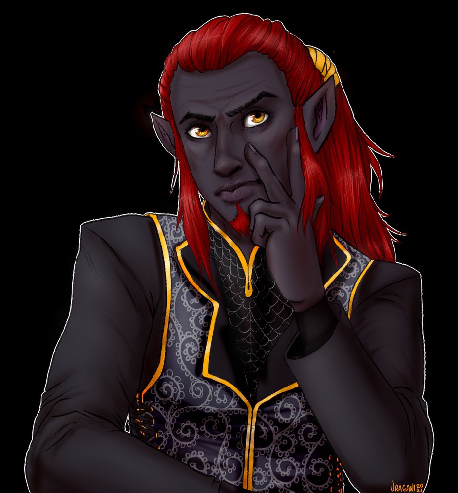 A colored image of a D&D Drow character, and previous commission, where his bright red hair and golden eyes contrast with his darker skin and clothing. He is wearing a high neck line and a vest of many detailed designs while looking at the viewer thoughtfully, leaning on his hand.