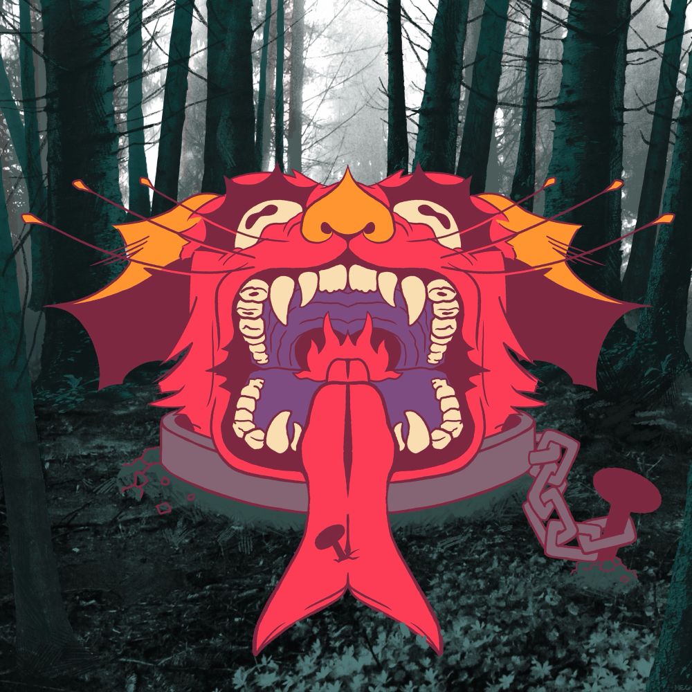 A Hellmouth opens up in a forest, its forked tongue held down by a nail, its neck chained to the earth. It’s wretched maw opens wide to reveal horrible teeth and the distant implication of flames deep in it’s gullet. The creature is furry in places, its ears resembling bat wings, and its eyes resemble that of a goat’s.
The Hellmouth is drawn in a flat style, while the background is made with collaged photo elements of a forest.