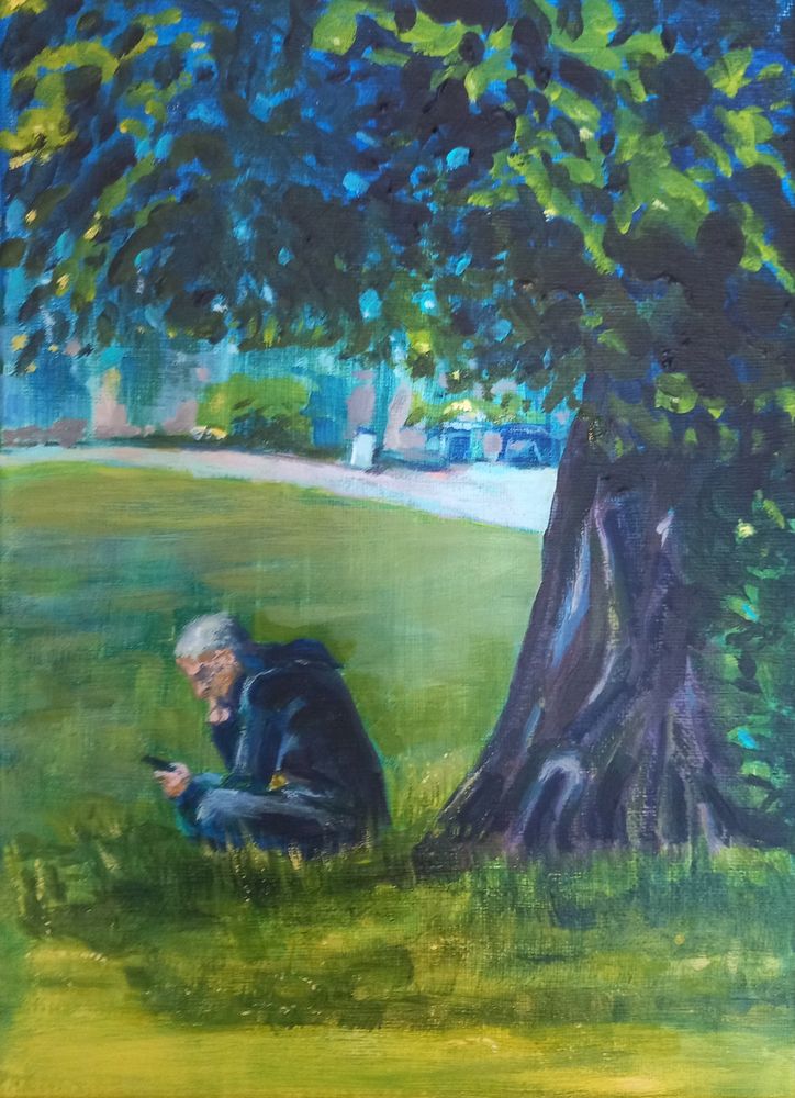 Small acrylic study of ma song under a tree. Colours are predominantly greens and blues.