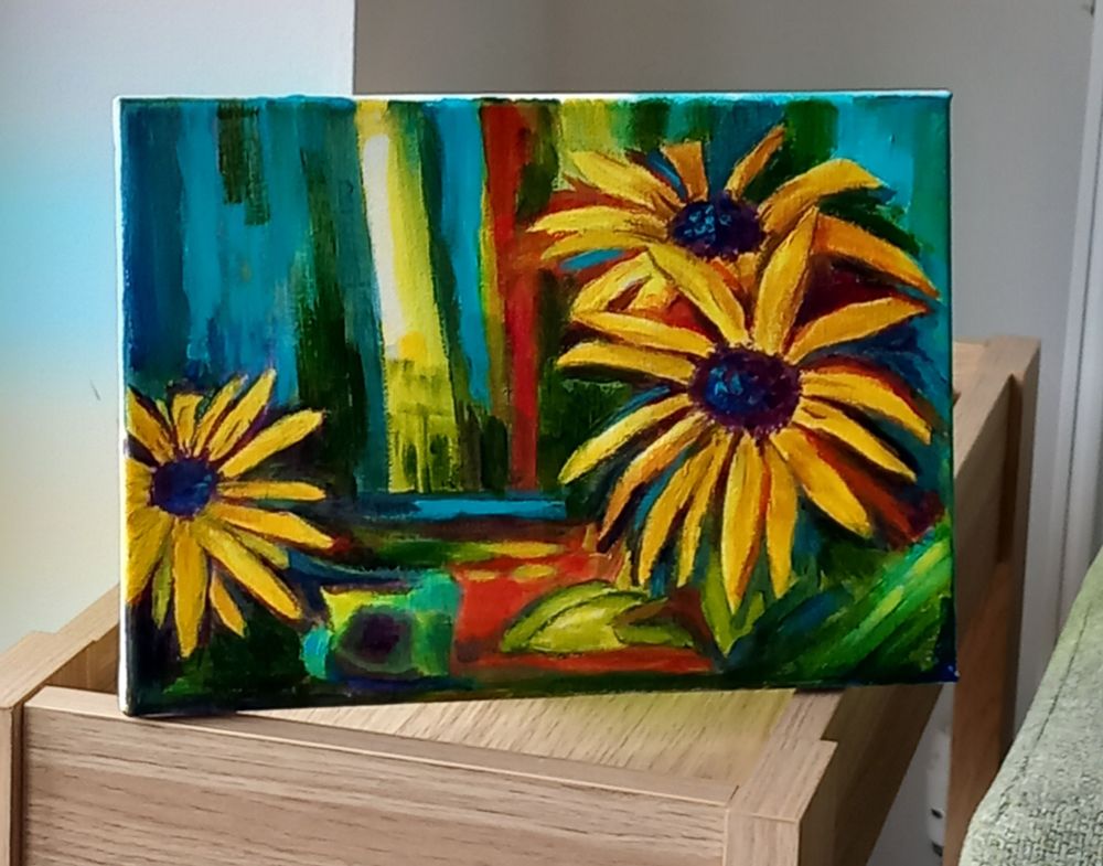 A4 Canvass of 3 Rudbeckia flowers with an abstract background of vertical stripes of turquoise, orange and green. Painted in acrylics. 