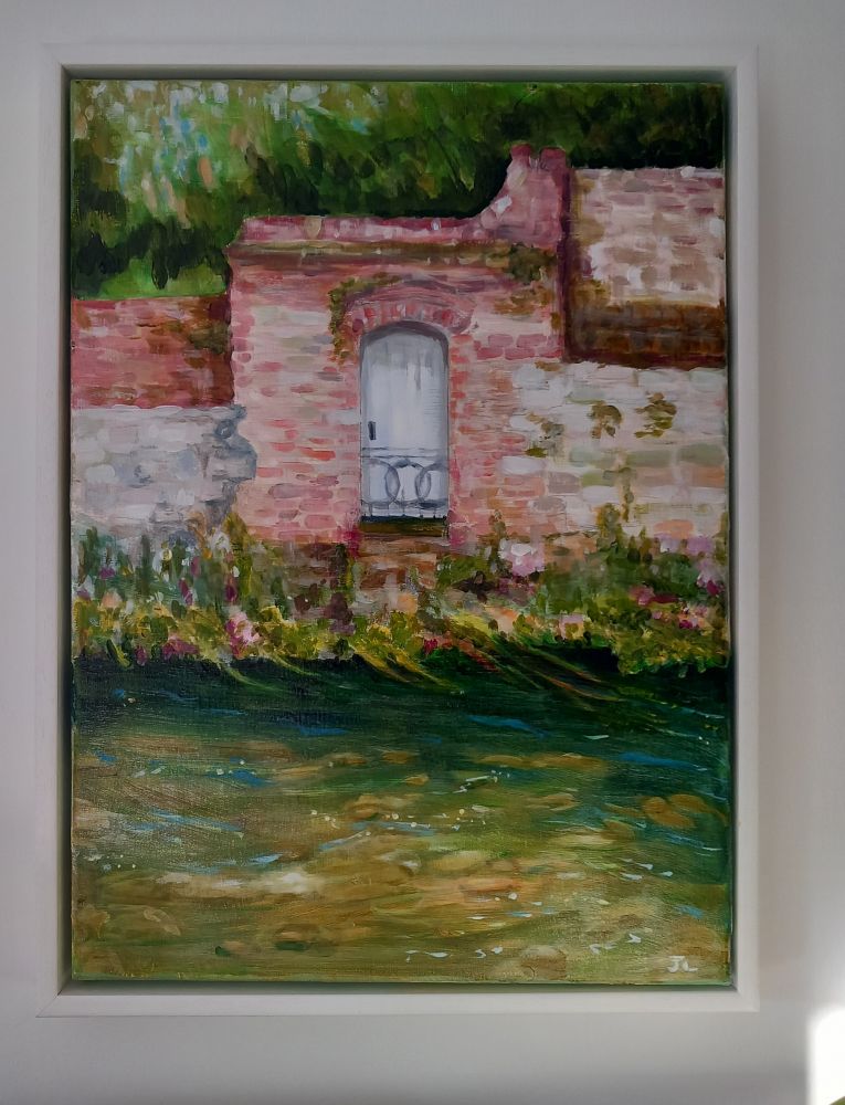 Painting in acrylics on canvass. Depicts an ancient stone and brick wall, with a white door in the middle. In front are steps and foliage leading to a clear chalkstream.