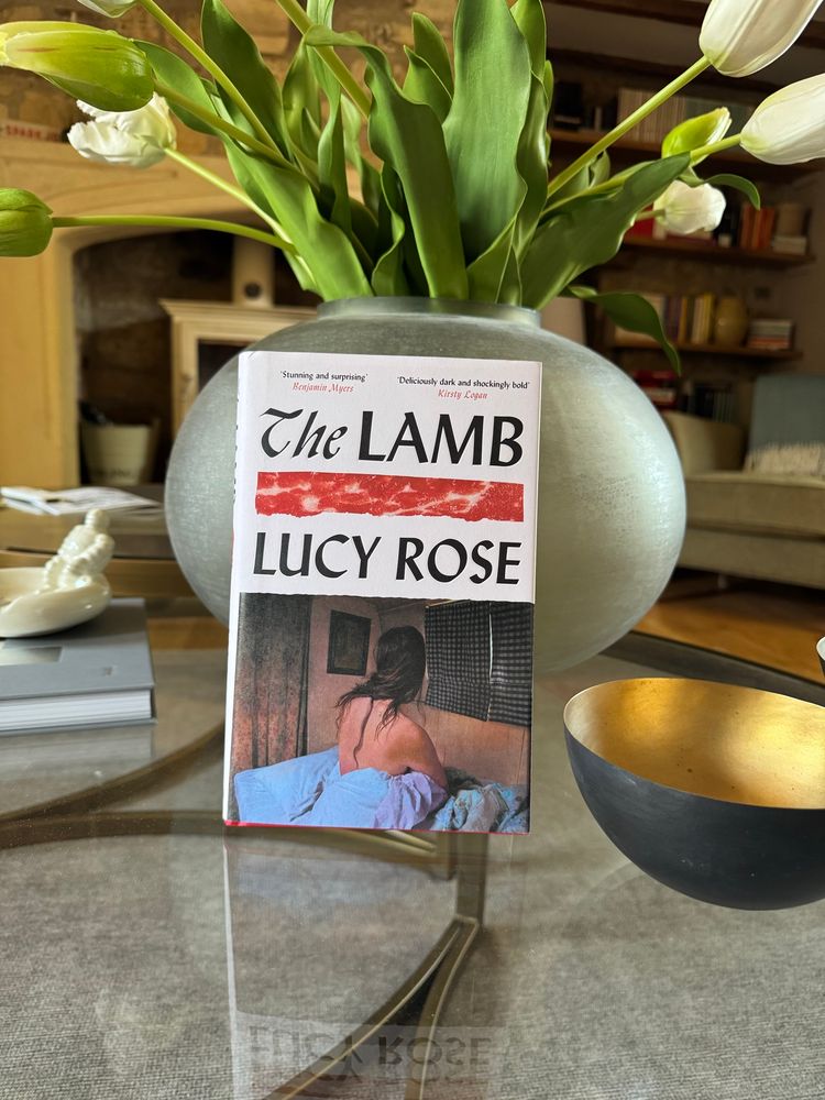 Book cover. ‘The Lamb’ by Lucy Rose. This is the UK hardback edition. The top portion of this cover is ivory, with black writing. At the top are the quotes: “Stunning and surprising” Benjamin Myers and “Deliciously dark and shockingly bold” Kirsty Logan. Below that is the books title title “The” is in italic font. Then there is a cross section of a piece of meat, with the red run through with the marbling of fat, below this is the author’s name. 
The lower portion of the cover is a painting. The naked back of a brunette, white skinned woman is seated in a bed, her lower half enveloped in a mid blue duvet. She faces woodchip walls and a window, covered by closed gingham curtains. To her left, too dark to see clearly is a painting and perhaps a curtain covering a doorway. 