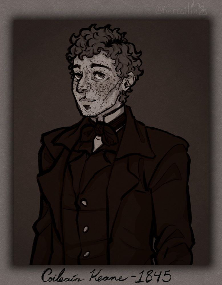 A monochrome portrait of a young white irish man, meant to resemble an old photograph. He has short curly hair, freckles, and he wears a thick overcoat over a regular peacoat, shirt, and neckerchief. He's looking toward the camera with a slight smile. The photo is labelled "Coileáin Keane - 1845"