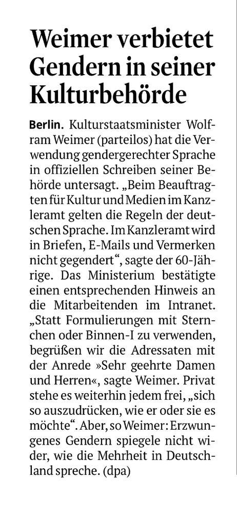 Artikel im Kölner Stadtanzeiger mit der Überschrift: (Kulturstaatsminister)“Weimer verbietet Gendern in seiner Kulturbehörde“