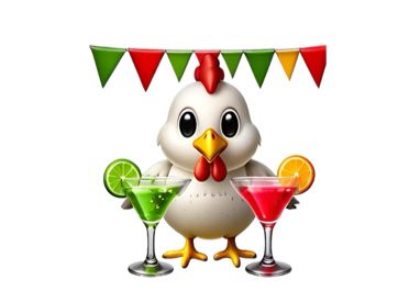 AI generated chicken standoff in front of two drinks that look vaguely like margaritas, one green and one red