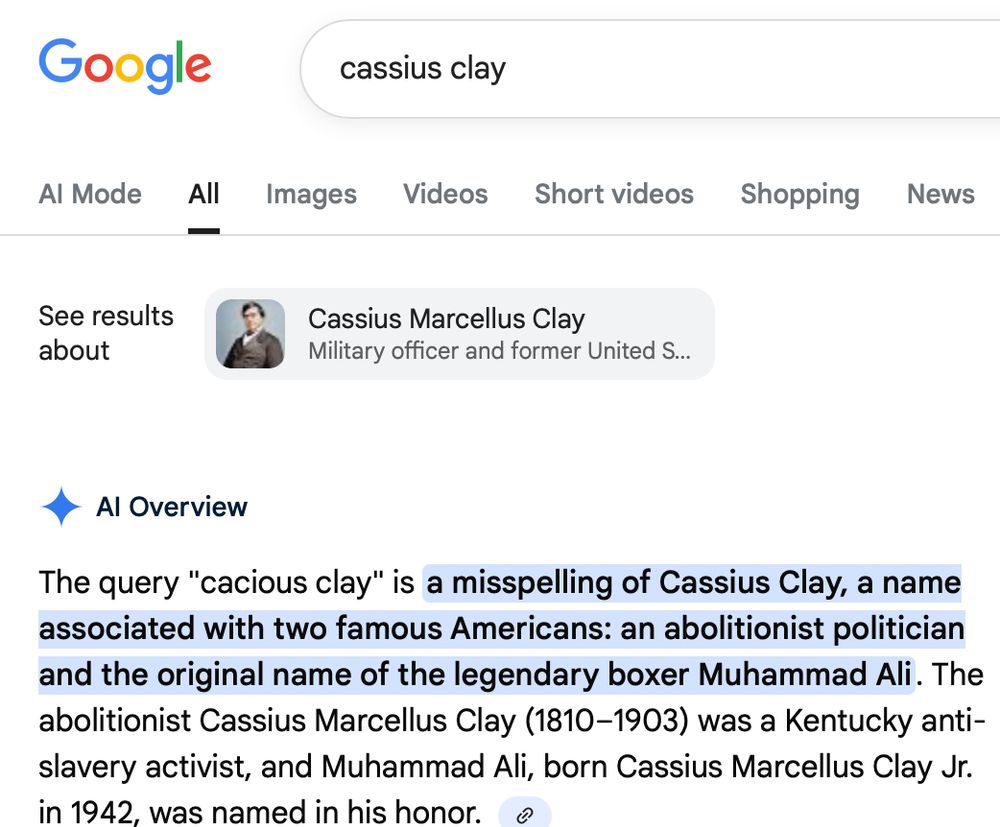 Screenshot of a Google search page with 'cassius clay' written in the search bar. The AI overview begins with the following text:

The query "cacious clay" is a misspelling of Cassius Clay, a name associated with two famous Americans: an abolitionist politician and the original name of the legendary boxer Muhammad Ali. The abolitionist Cassius Marcellus Clay (1810–1903) was a Kentucky anti-slavery activist, and Muhammad Ali, born Cassius Marcellus Clay Jr. in 1942, was named in his honor.