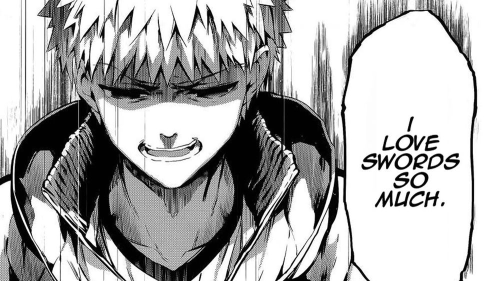 Emiya Shirou, from the 2004 VN "Fate/Stay Night" in a manga strip edited to say "I love swords so much."