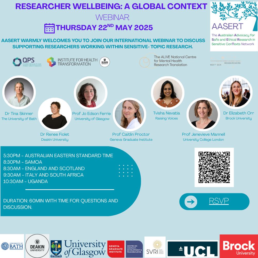Flyer for the event with same text as the linked registration page. Features vignettes of webinar speakers - profile pics, names, and organisational affiliations. 