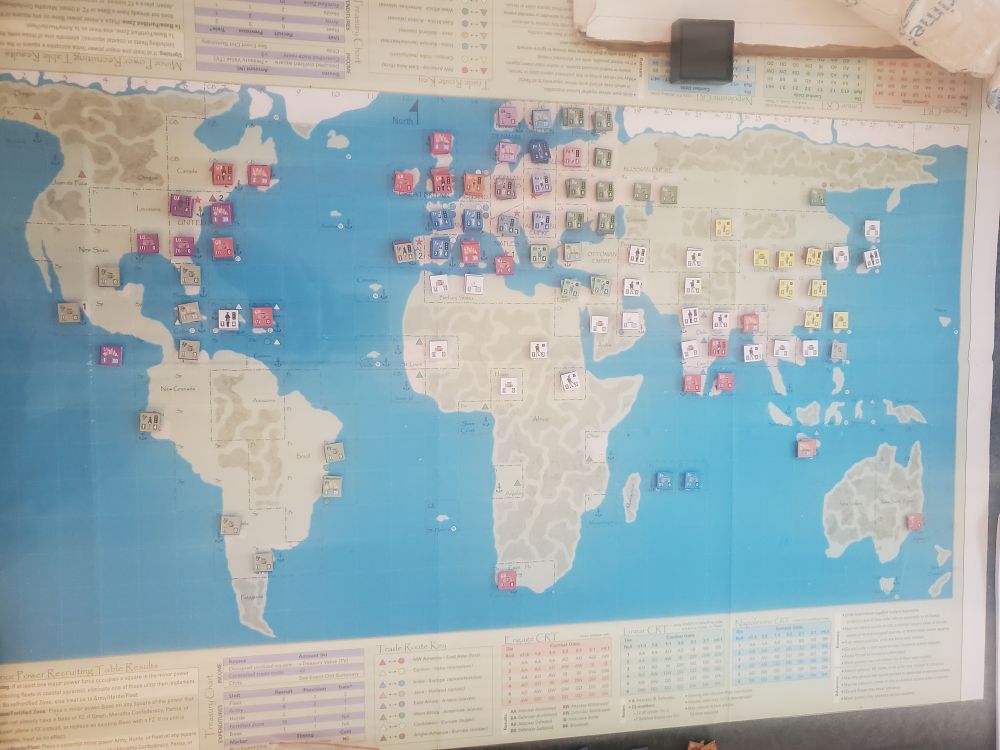 A picture of the start of play for Napoleonic World War, the War of the Fifth Coalition scenario. Austria is poised to attack Bavaria. France occupies Spain, but a force of Spanish and British troops in Portugal are ready to launch an attack.