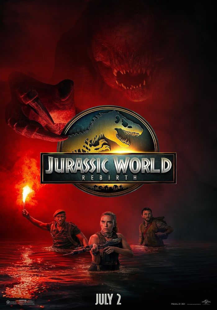 Filmplakat "Jurasic World: Rebirth": Soldaten/Wissenschaftler in hüfthohem Wasser und ein komischer Dinosauriermutant im Nebel dahinter