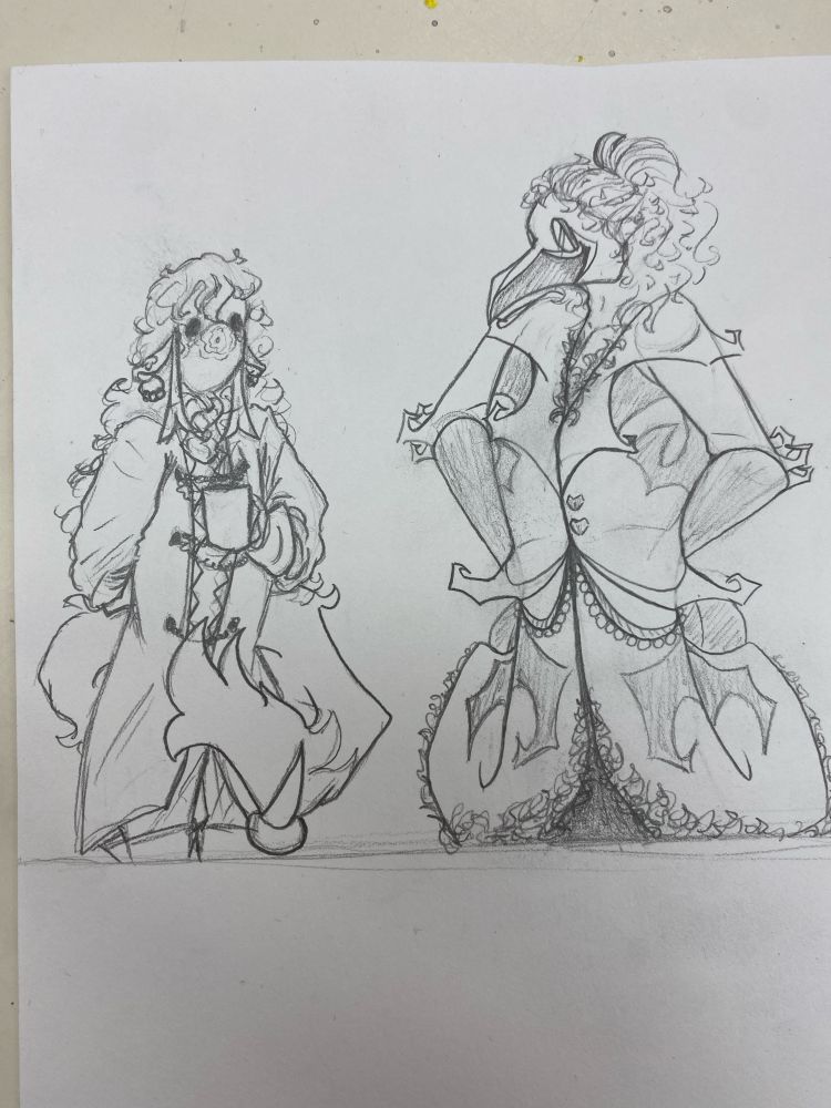 Two characters standing next to one another, looking at each other