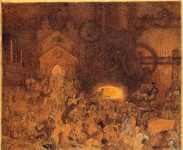 "Age of Reason" by Alphonse Mucha portrays a dynamic tableau of industrial progress and societal upheaval, typical of the themes explored during the late 19th and early 20th centuries. Executed in Mucha’s distinctive style, the artwork vividly captures a moment of transformation and enlightenment, resonating with the transition depicted in his broader body of work.