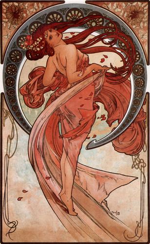 The artwork "Dance" by Alphonse Mucha is a vibrant Art Nouveau piece that features a flowing, graceful female figure surrounded by intricate floral motifs and swirling drapery. Reflecting Mucha’s signature style, the composition is rich in decorative elements, capturing a sense of movement and ethereal beauty.