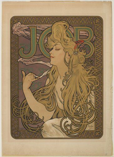 Proponents of the Art Nouveau movement of the late 1800s sought escape from the limitations of past traditions, and they achieved it by creating a new style. By applying this style to all forms of creativity, they hoped to eliminate the separation between art and craft. Alphonse Mucha did just that by treating the poster, humbly temporary and commercial, like a canvas. The Job cigarette paper being advertised also represents literal escape. Despite Mucha's use of an idealized female in this poster, respectable women of the nineteenth century did not smoke. This pleasure belonged to men, who could use it as an excuse to retreat into smoking rooms and the company of male friends.